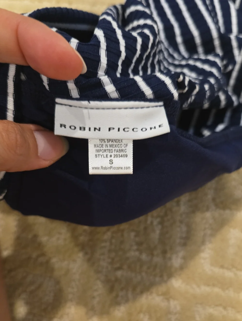 NWT Robin Piccone Navy & White Striped Tie-Front Crop Swim Top, Size S